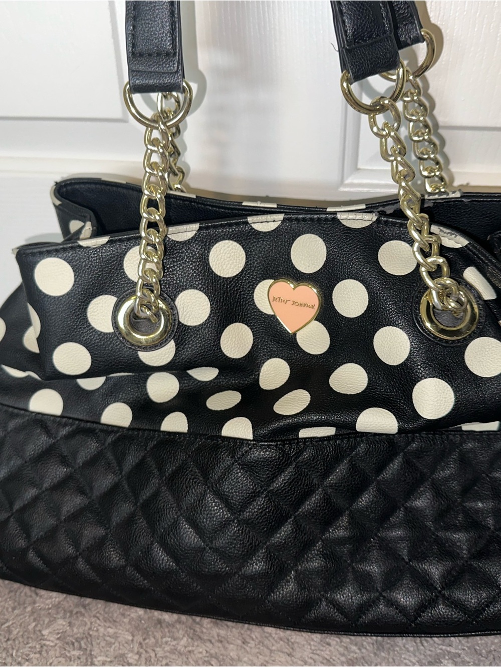 Betsey Johnson Black & White Polka Dot Quilted Tote with Gold Chain Handles